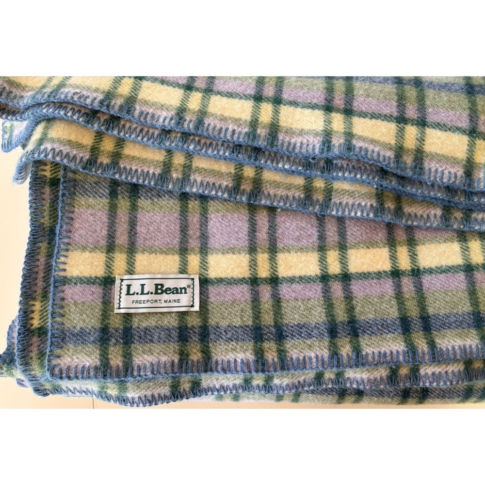 Vintage LL BEAN Wool Blanket Plaid Purple Cabin Camp Cottage Queen Freeport, ME